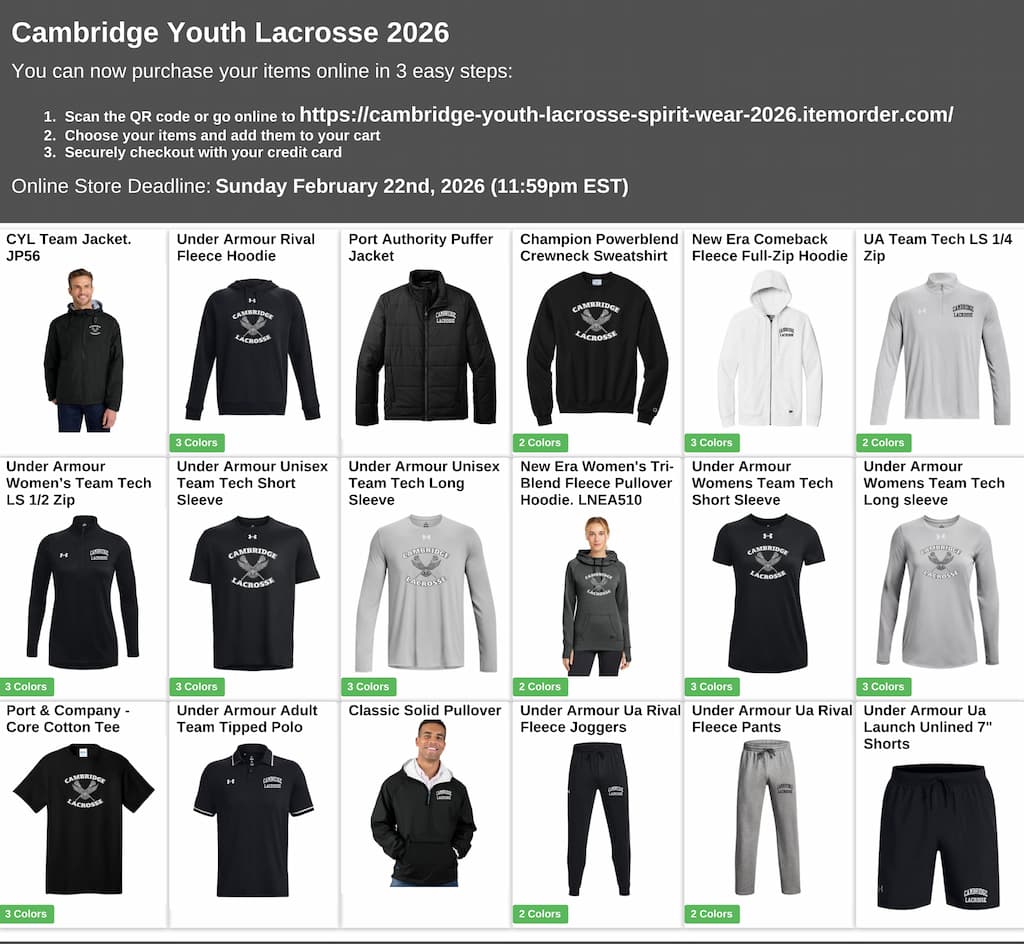 Cambridge Youth Lacrosse online swag store